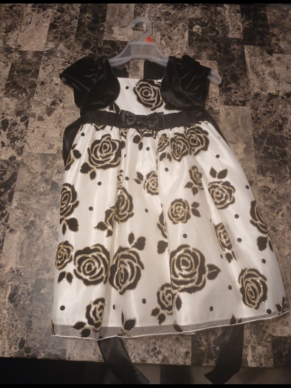 Love Girls Black and White Floral Velvet Bow Dress